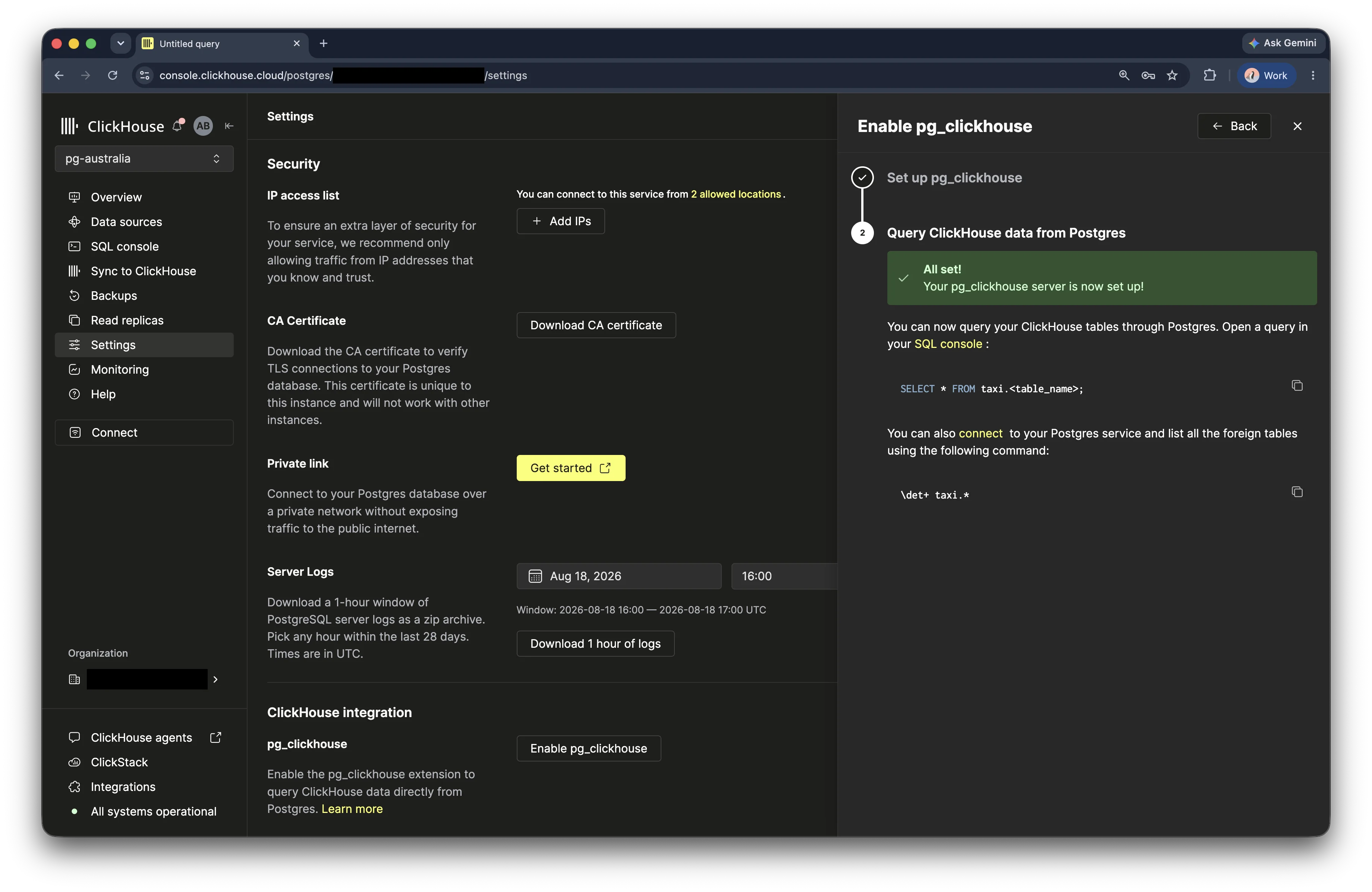 Завершённая настройка pg_clickhouse для базы данных taxi в консоли ClickHouse Cloud