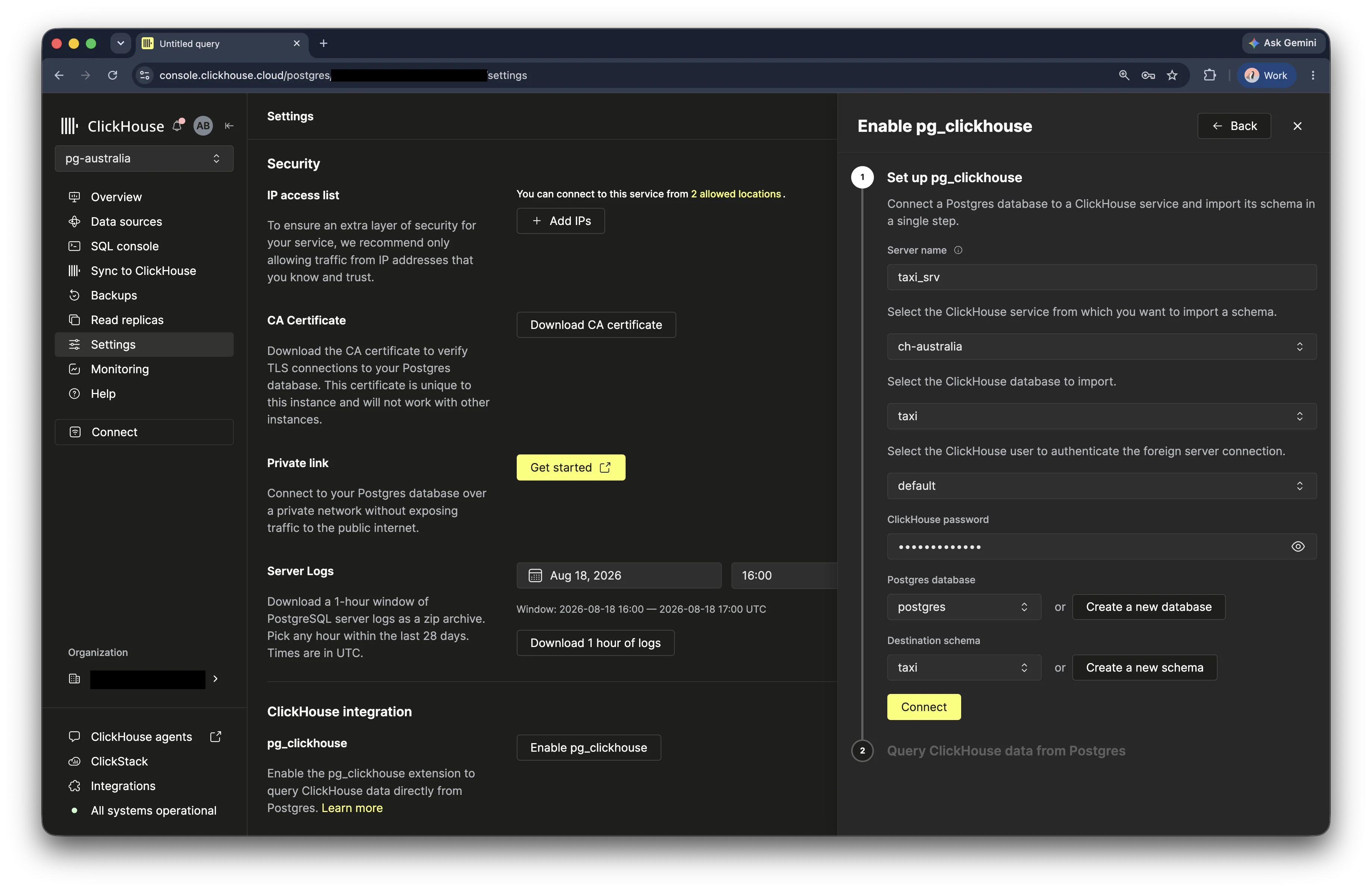 Форма настройки pg_clickhouse для базы данных taxi в консоли ClickHouse Cloud