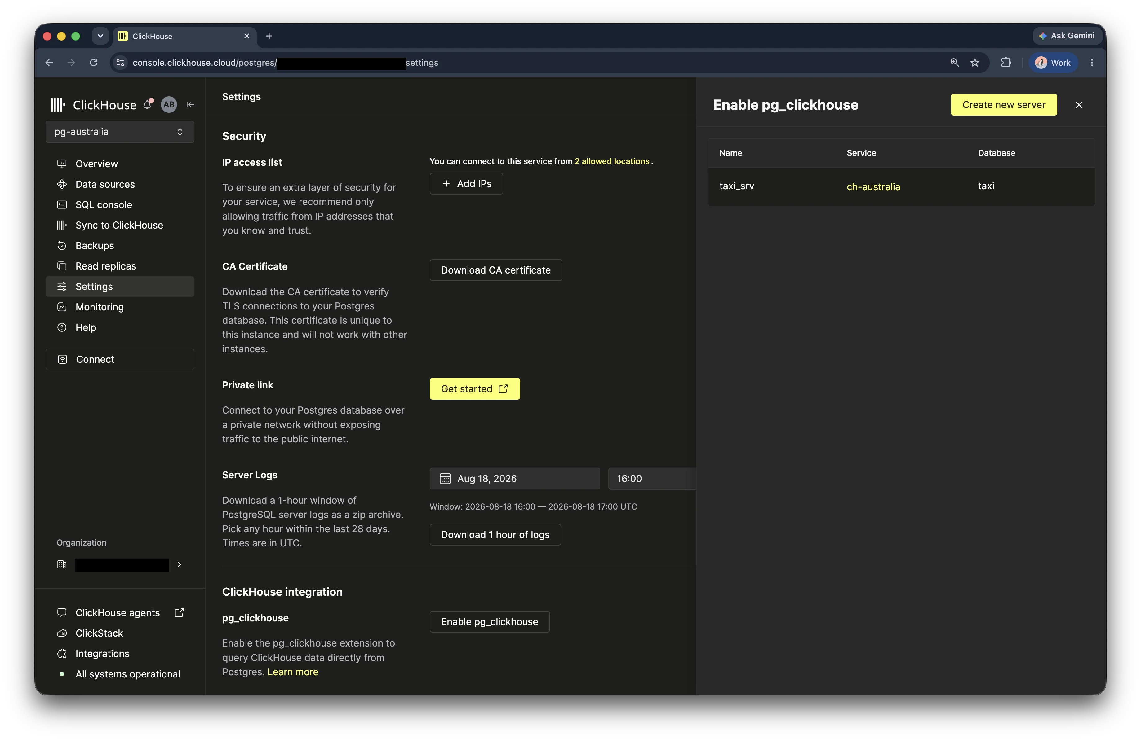 Список внешних серверов с подключением pg_clickhouse для taxi
