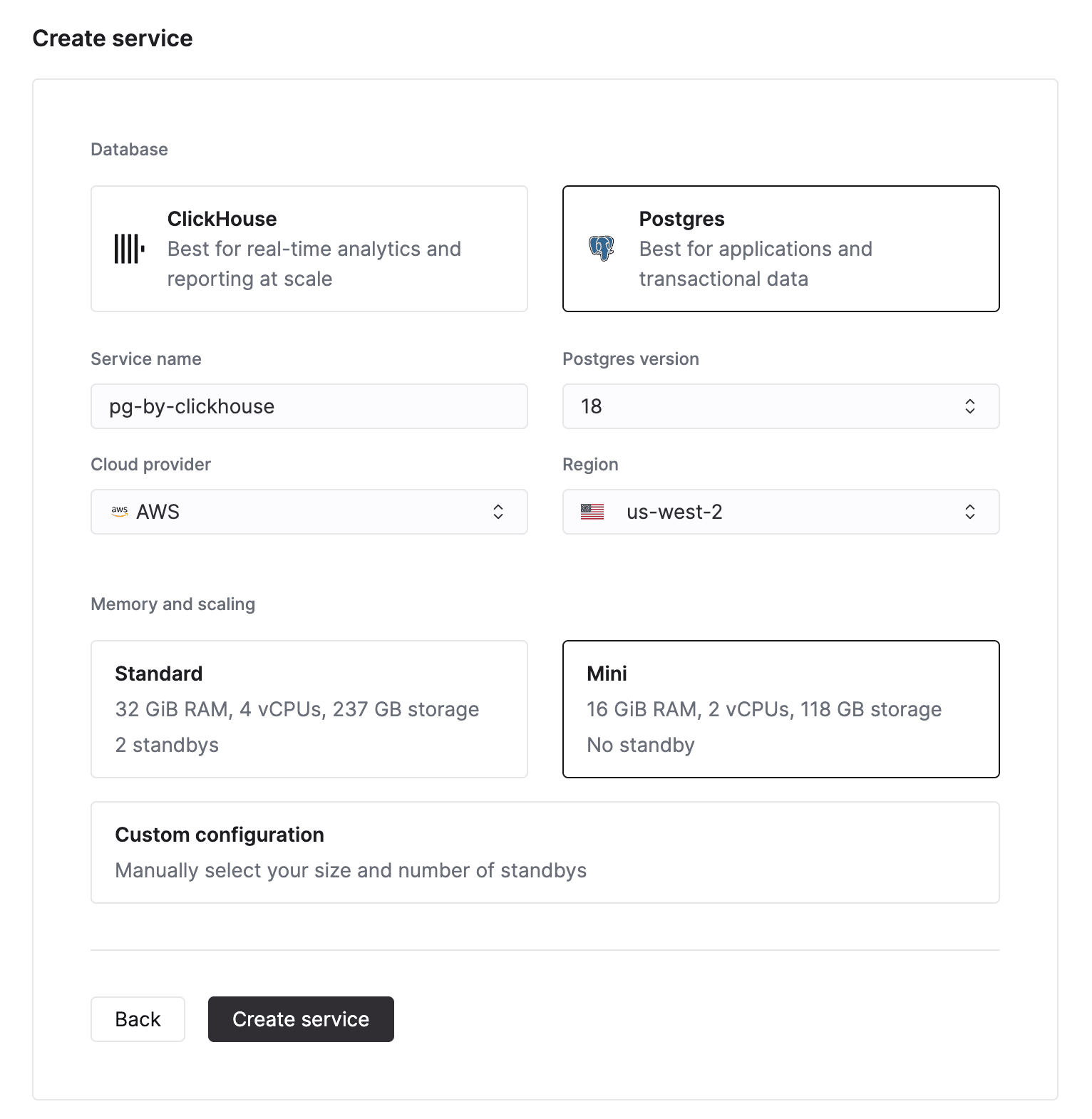 Crear una instancia de ClickHouse Managed Postgres