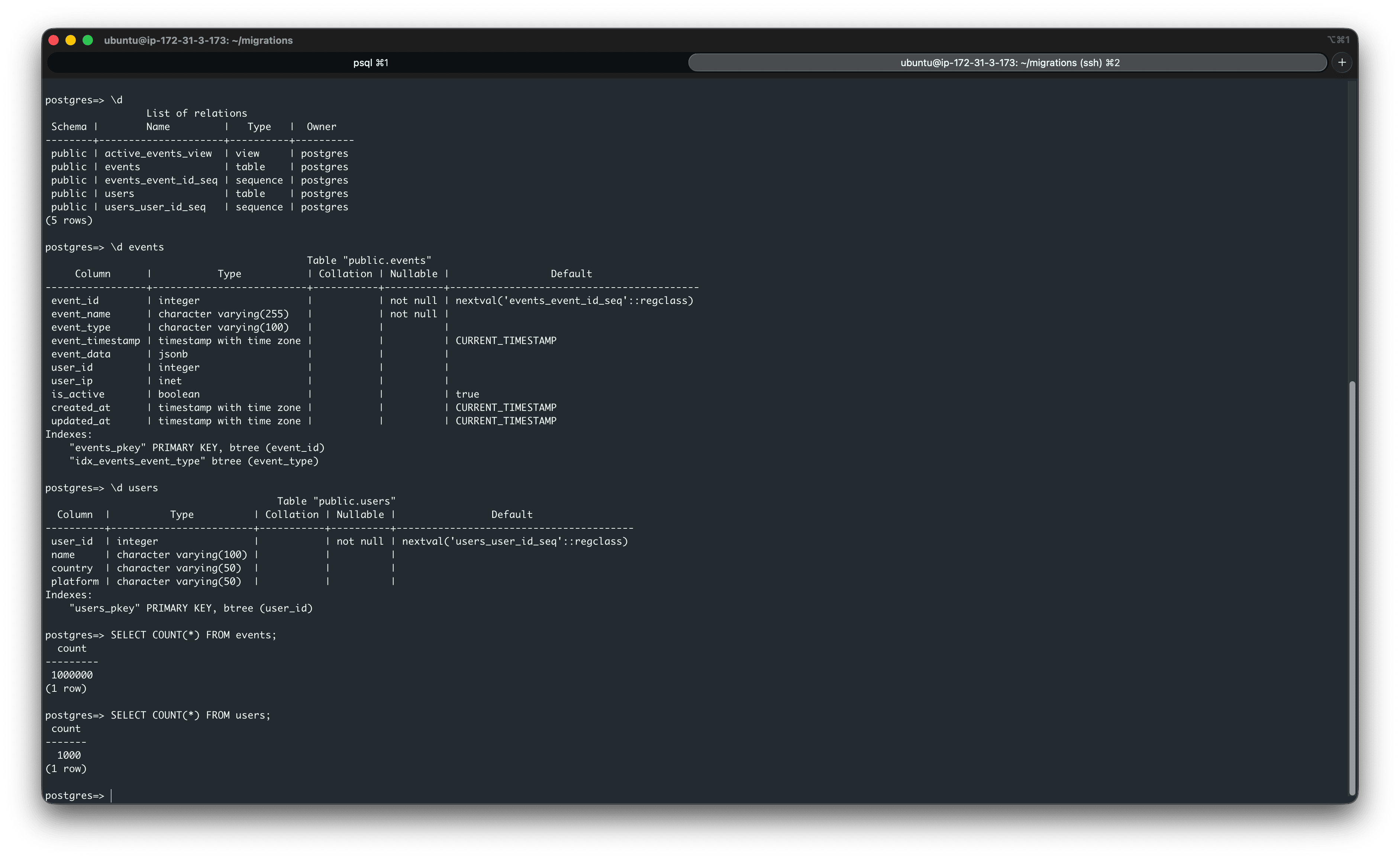 Configuración de las tablas PostgreSQL de origen