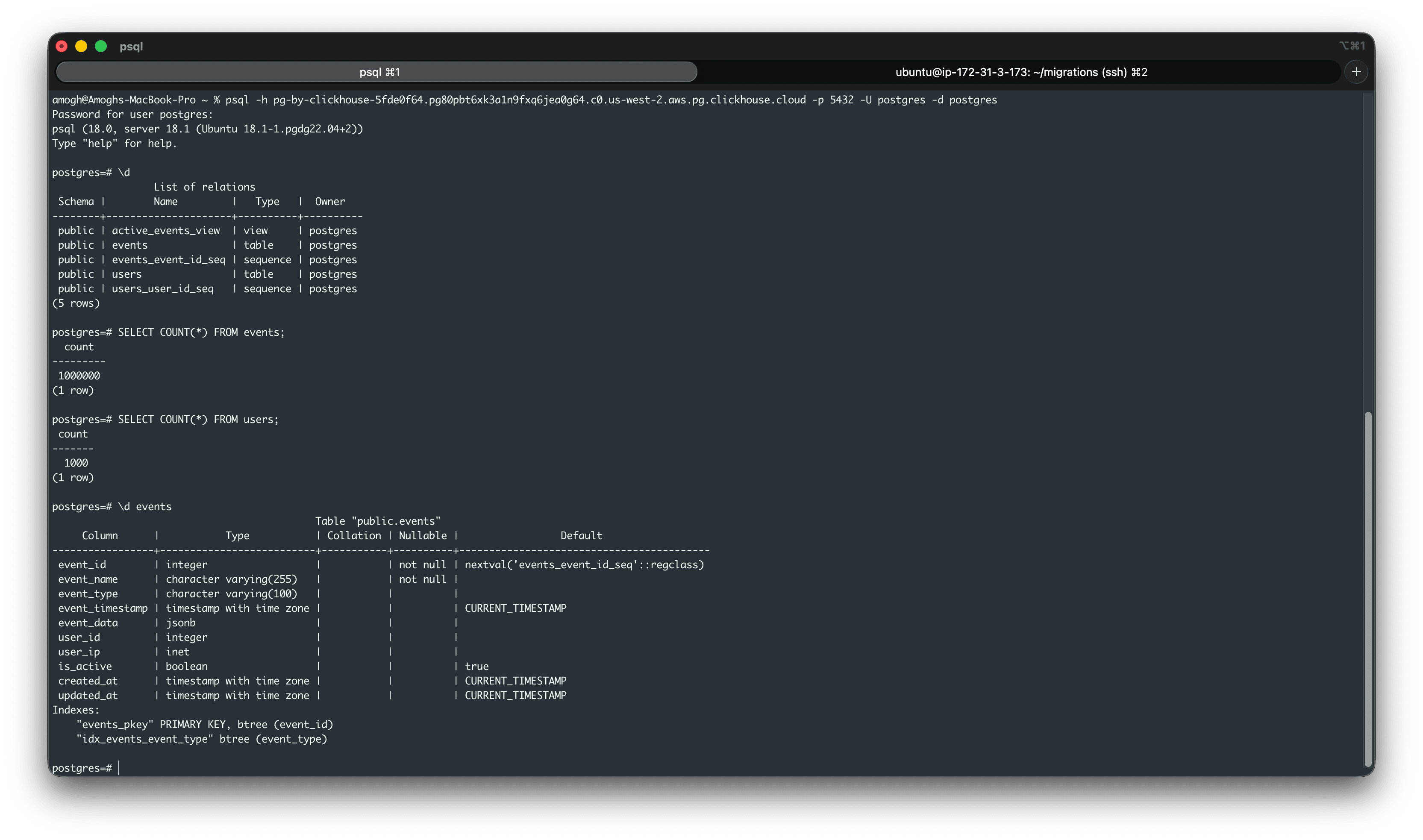 대상 ClickHouse Managed Postgres 데이터베이스 설정
