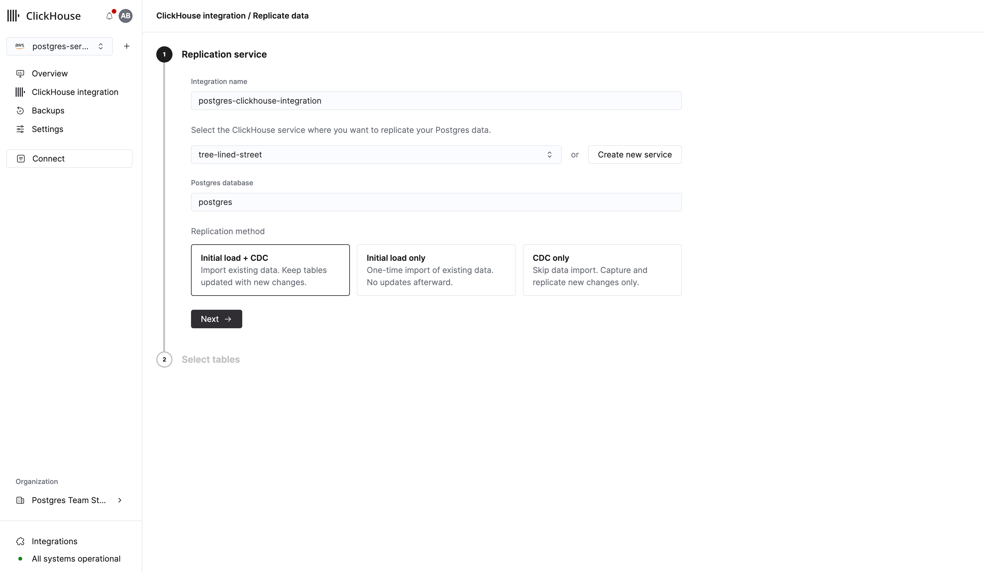 نموذج تكامل ClickHouse Managed Postgres