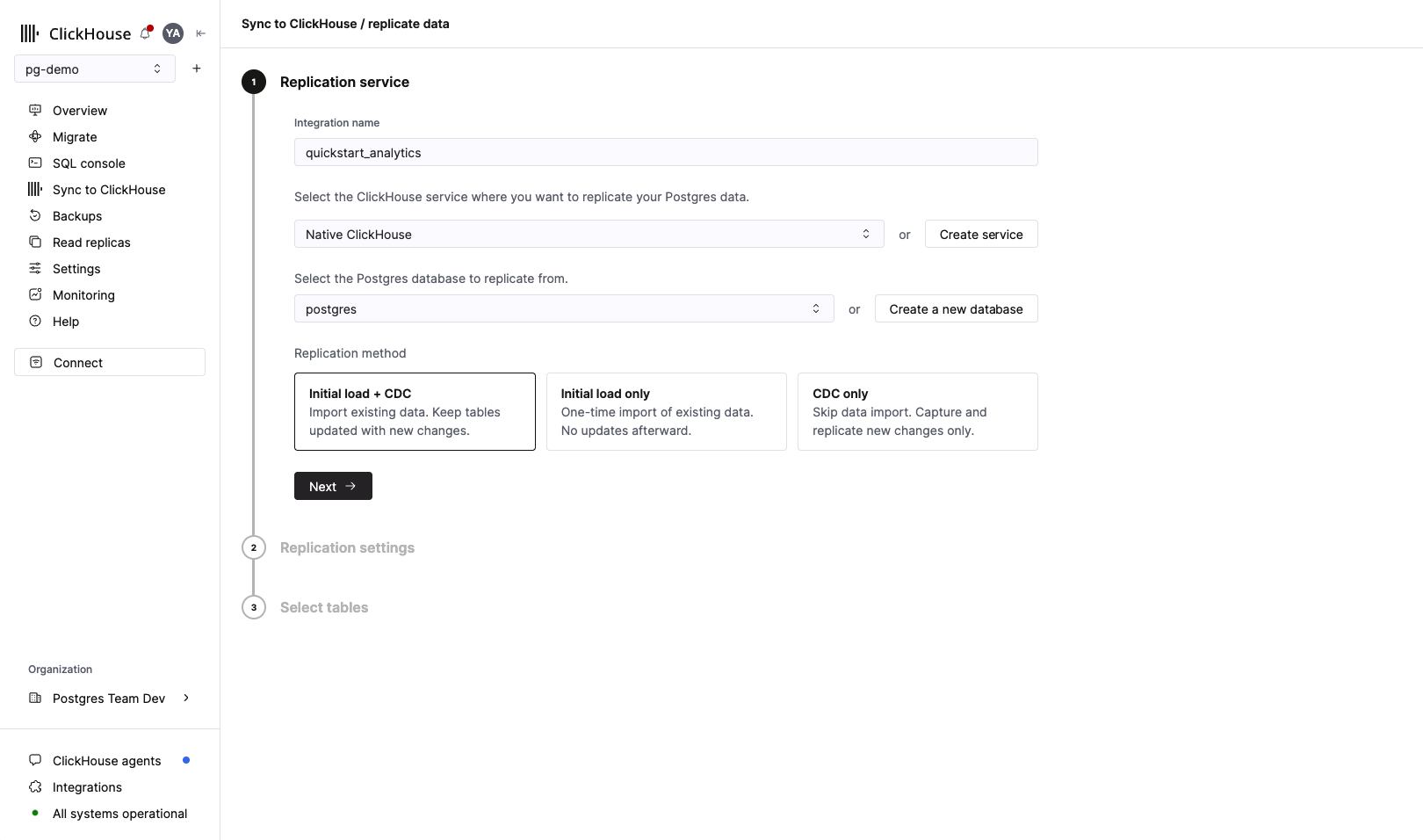 Configuración del servicio de replicación que muestra el nombre de la integración, el servicio de destino y las opciones del método de replicación