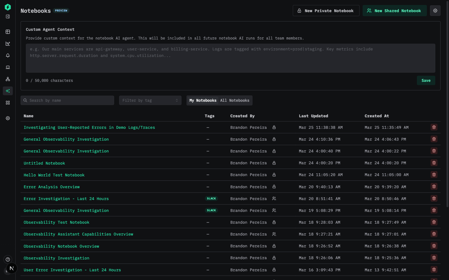 Panel de Agent Settings para contexto personalizado