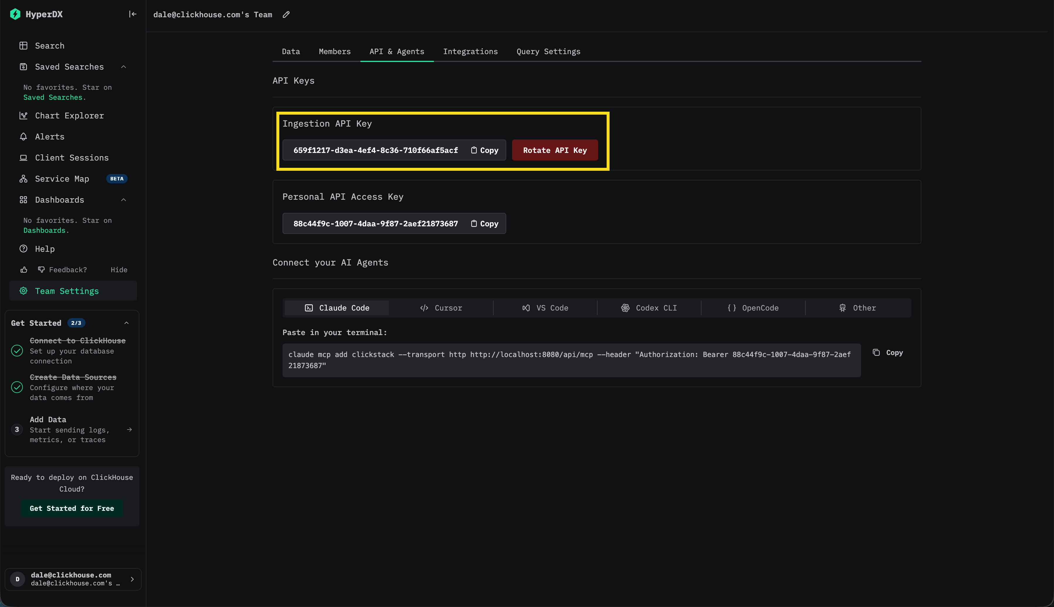 API key de ingestão do ClickStack